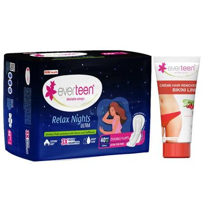 everteen Relax Nights Ultra 40 Pads and Silky Bikini Line Hair Remover Cream 50g 7419870322922