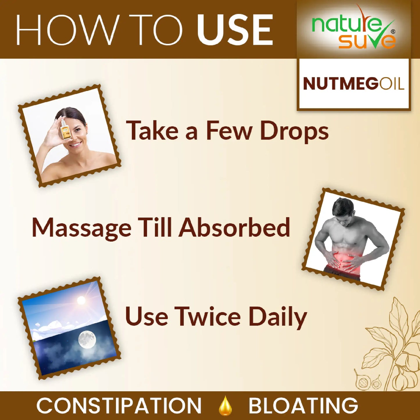 Nature Sure Nutmeg Jaiphal Oil - Apply and Massage a Few Drops On Affected Area Twice Daily