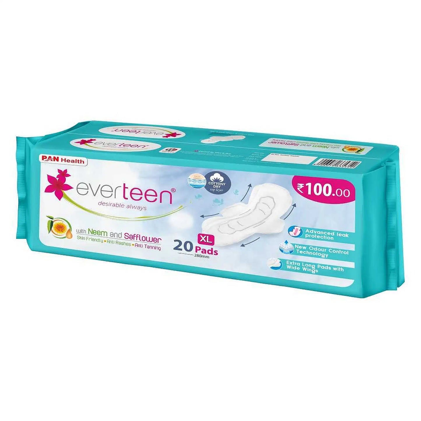 everteen XL Dry Sanitary Pads 1x20 Pack – Neem and Safflower, 280mm