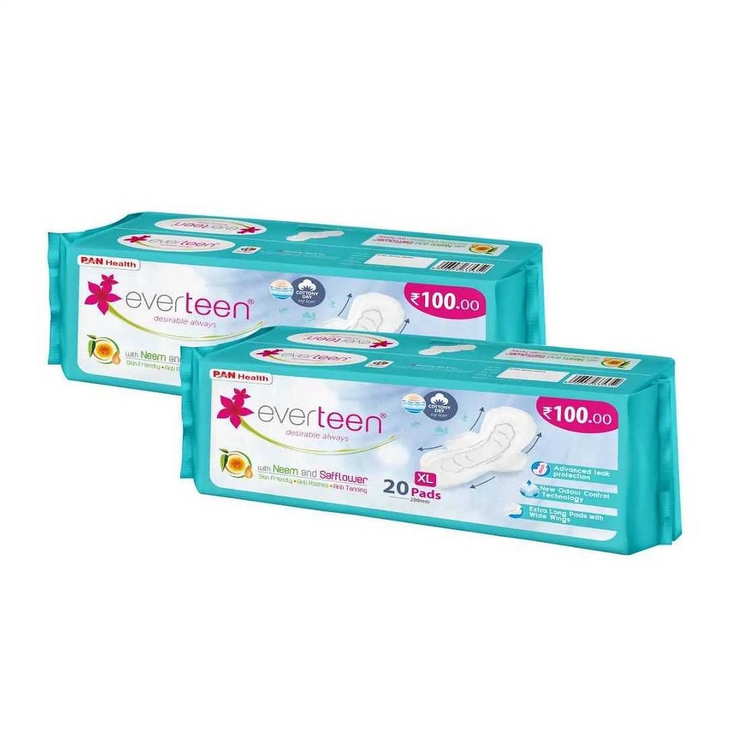 everteen XL Dry Sanitary Pads 2x20 Pack – Neem and Safflower, 280mm