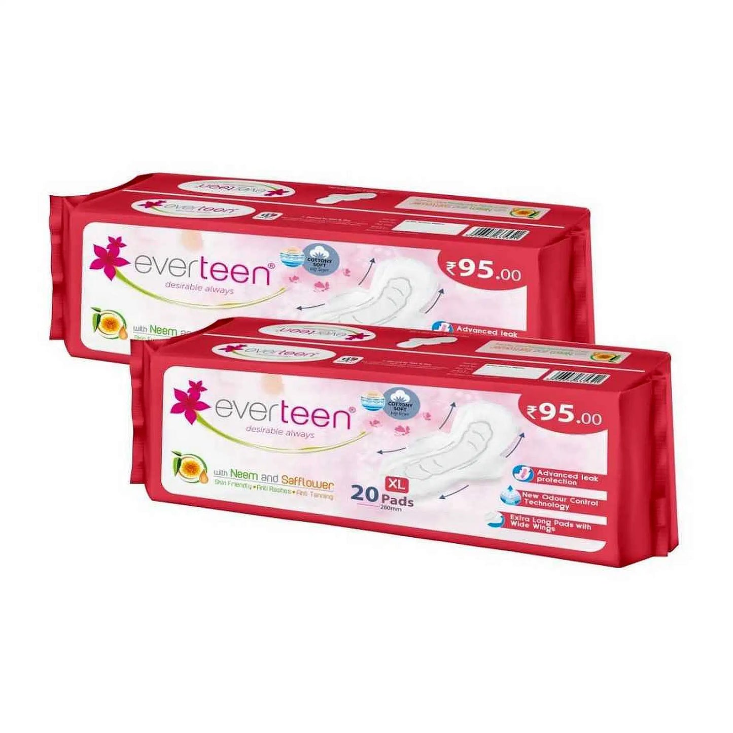 everteen XL Soft Sanitary Pads 2x20 Pack – Neem and Safflower, 280mm