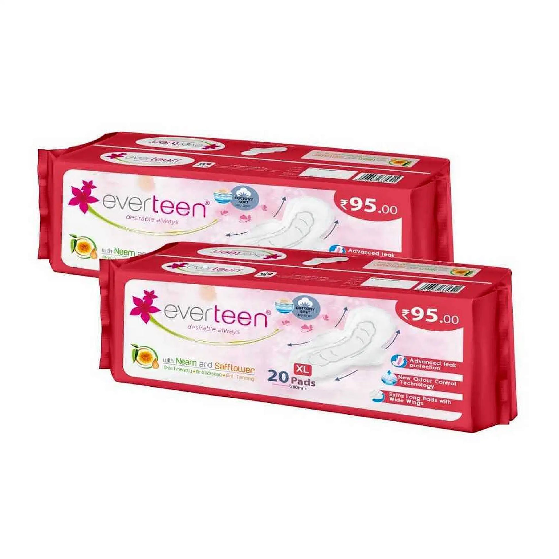 everteen XL Soft Sanitary Pads 2x20 Pack – Neem and Safflower, 280mm