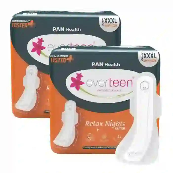 Buy 2 Packs x 30 pads each everteen Relax Nights Ultra XXXL Overnight Period Pads (410mm) with Neem, Safflower, Dermatologically Tested, for Heavy Flow, Postpartum and Maternity Care - everteen-neud.com