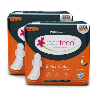 everteen Relax Nights Ultra XXXL Overnight Sanitary Pads (410mm) With Neem, Safflower - 2 Packs x 30 Pads Each