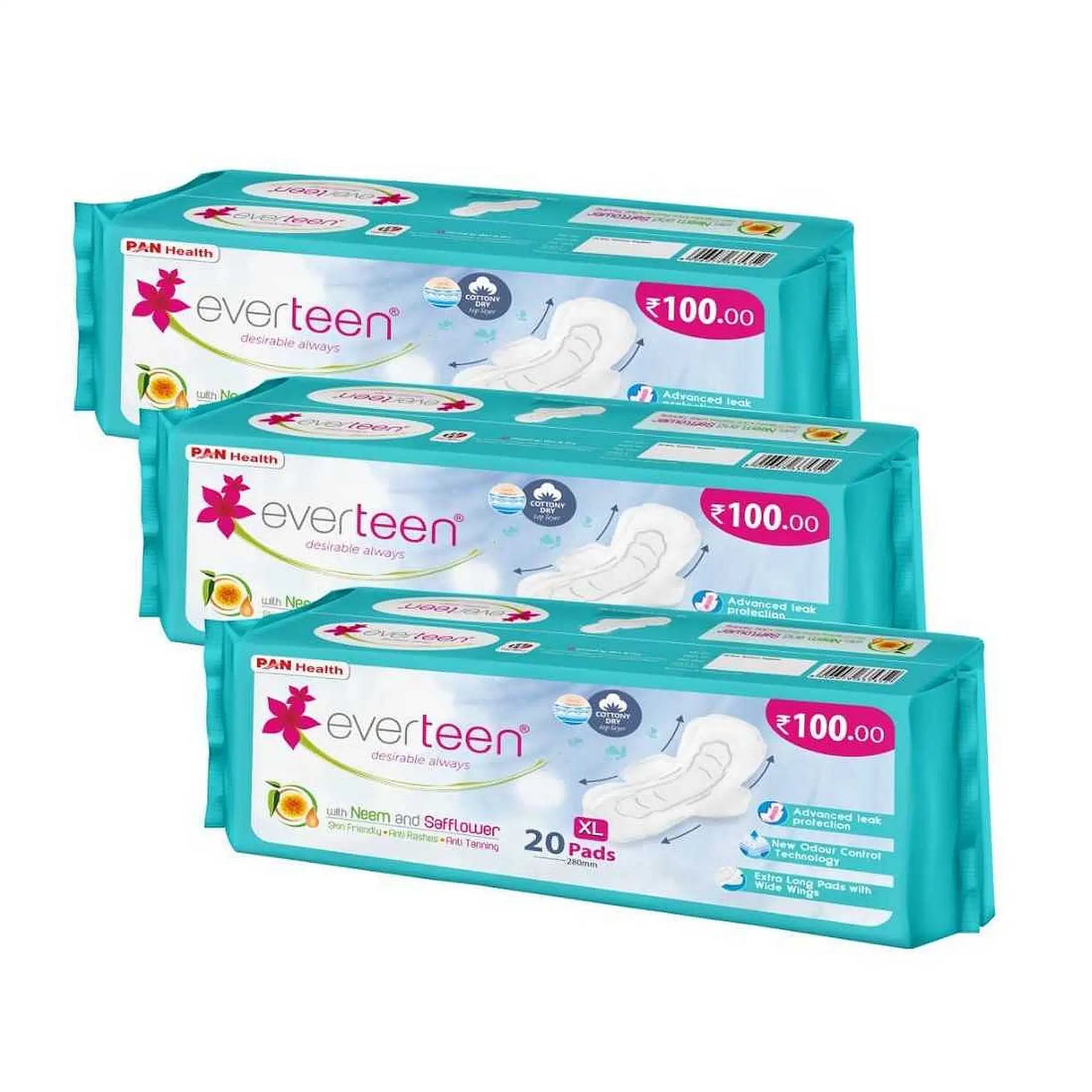 everteen XL Dry Sanitary Pads 3x20 Pack – Neem and Safflower, 280mm