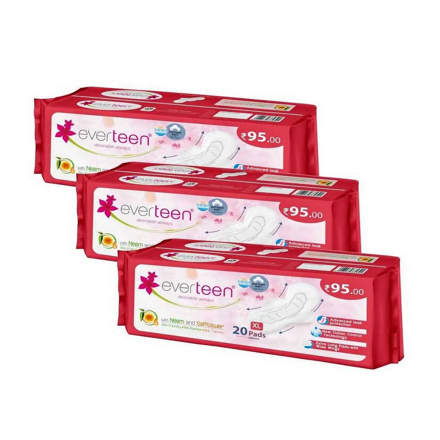 everteen XL Soft Sanitary Pads 3x20 Pack – Neem and Safflower, 280mm