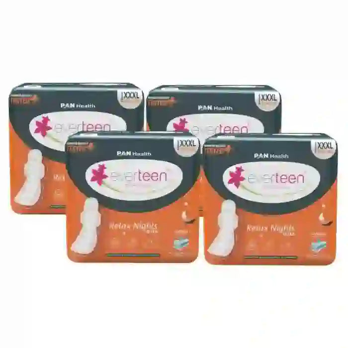 Buy 4 Packs x 30 pads each everteen Relax Nights Ultra XXXL Overnight Menstrual Pads (410mm) with Neem, Safflower, Dermatologically Tested, for Heavy Flow, Postpartum and Maternity Care - everteen-neud.com