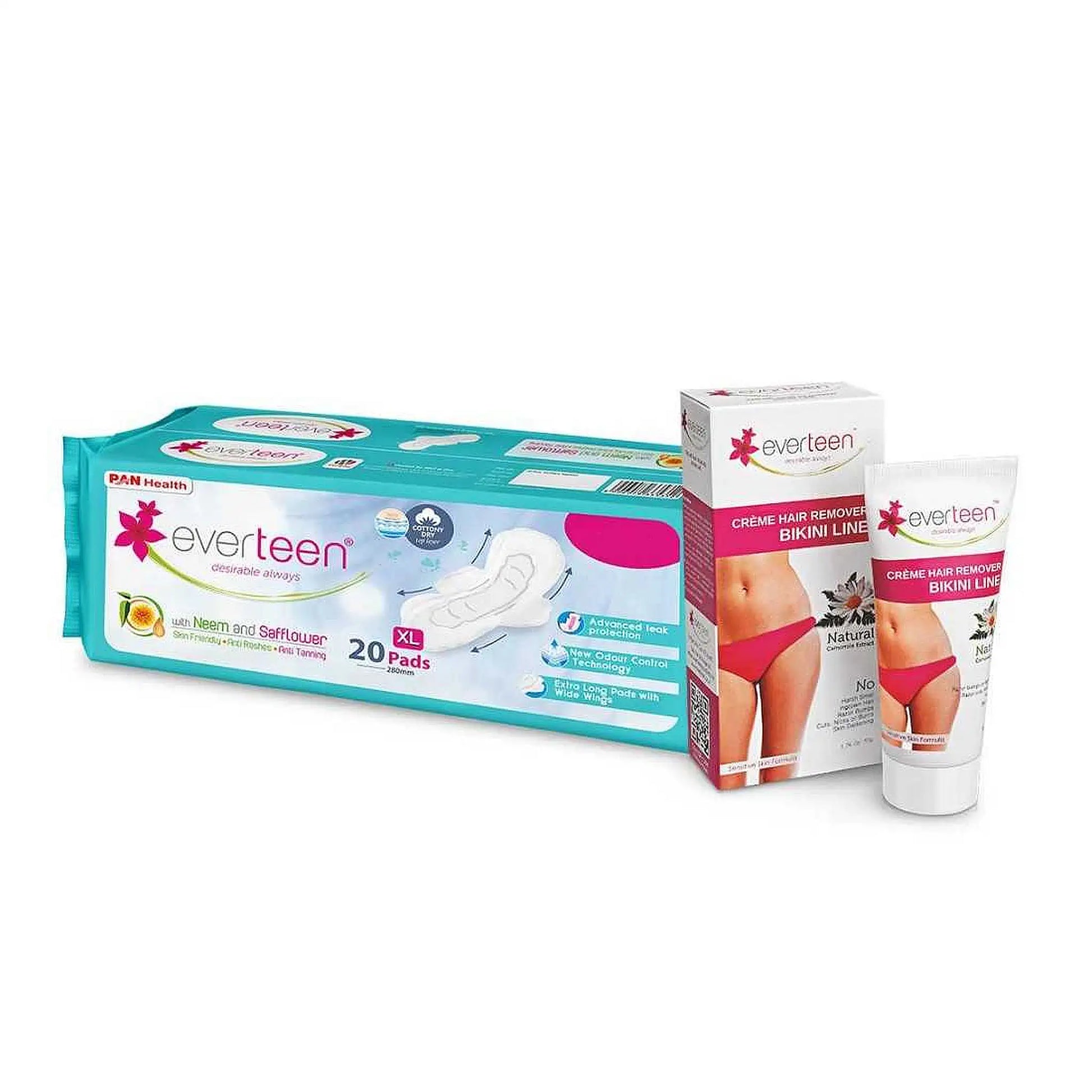 everteen Combo: Bikini Line Hair Remover Creme Natural 50g & 20 XL Dry Sanitary Pads With Neem Safflower