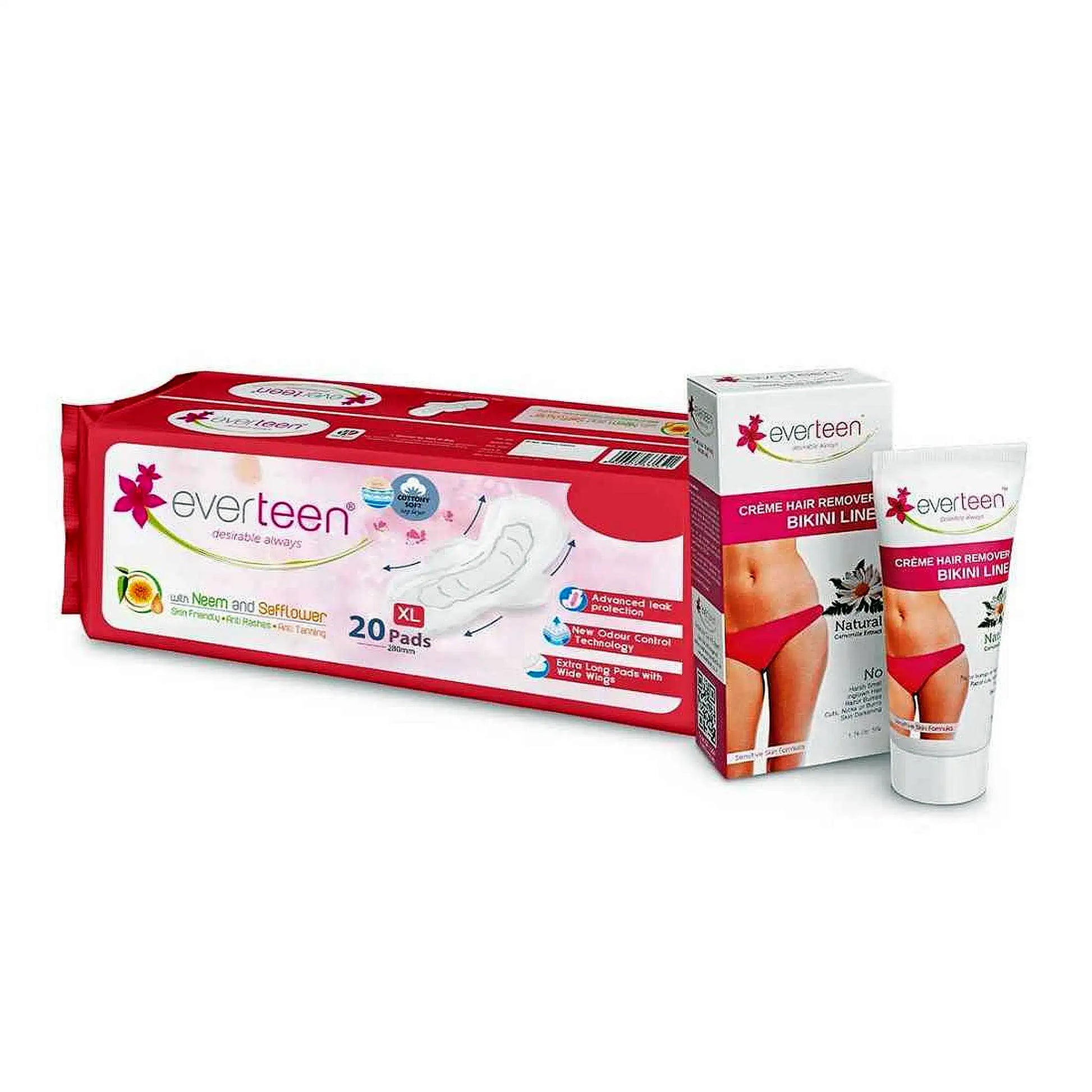 everteen Combo: Bikini Line Hair Remover Creme Natural 50g & 20 XL Soft Sanitary Pads With Neem Safflower