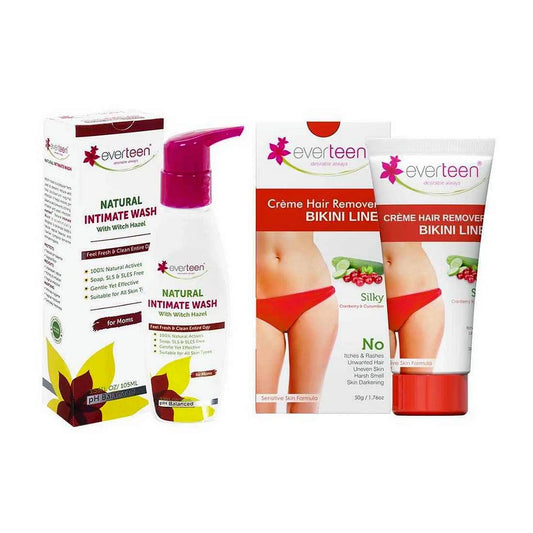 everteen Combo - Silky Bikini Line Hair Removal Cream 50g and Witch Hazel Intimate Wash for Moms 50ml