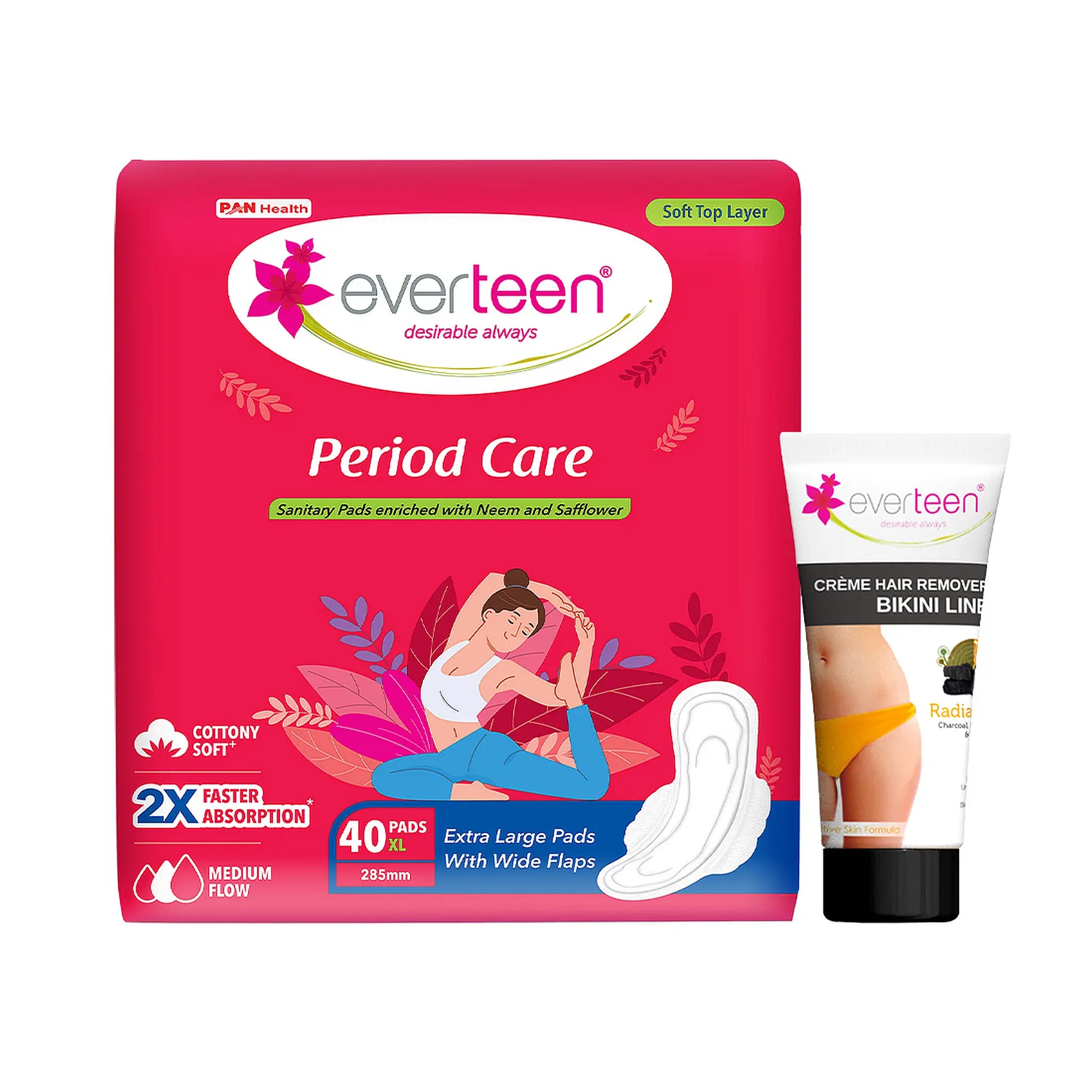everteen Combo - Period Care 40 Soft XL Pads and Radiance Bikini Line Hair Remover Cream 50g