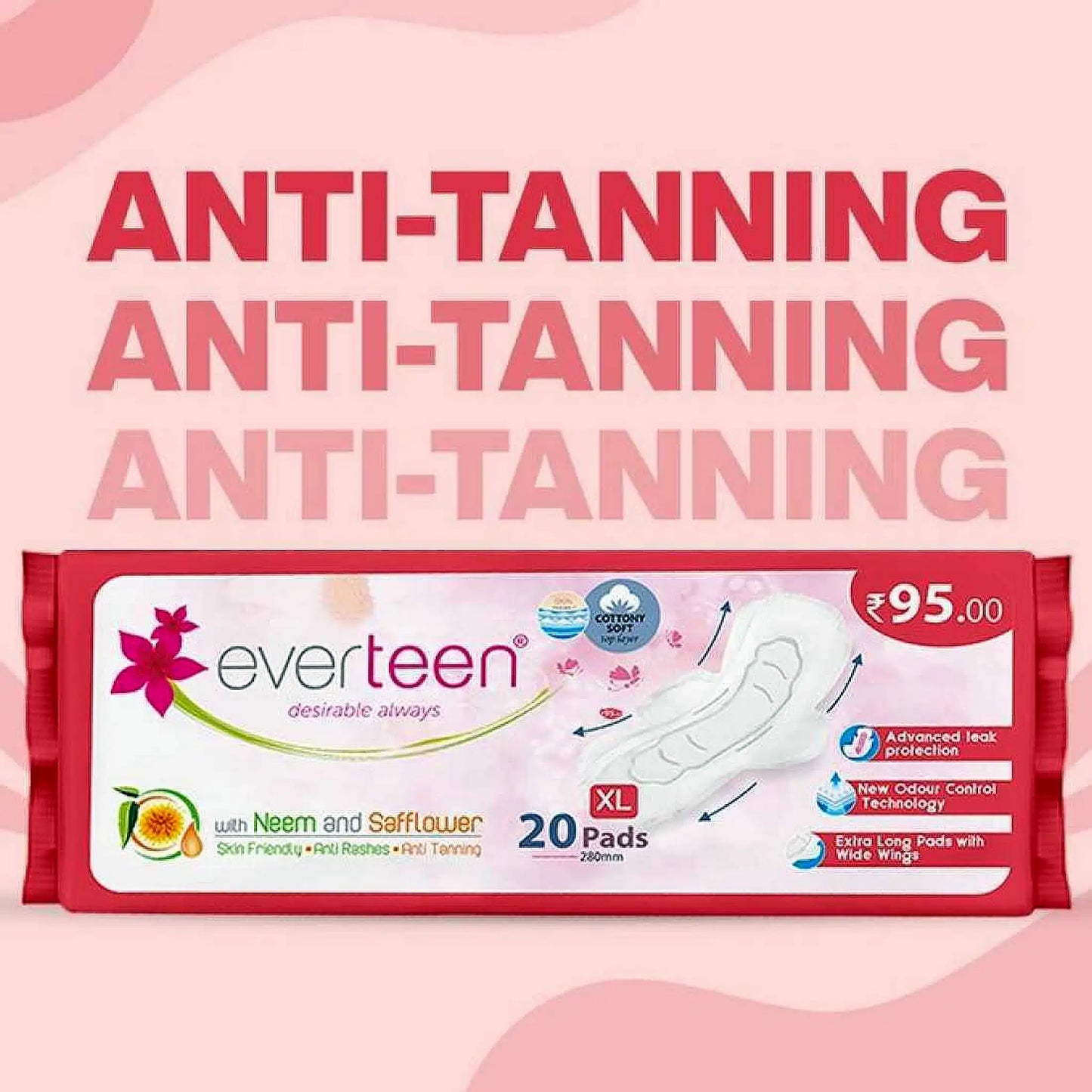 everteen XL Sanitary Pads with Neem and Safflower – 20 Pads, 280mm, Anti-Rash Period Care