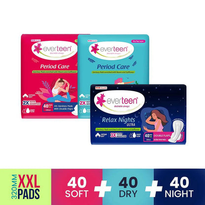everteen Combo - 40 Soft XXL Sanitary Pads, 40 Dry XXL Sanitary Pads and 40 Relax Nights Ultra Sanitary Pads