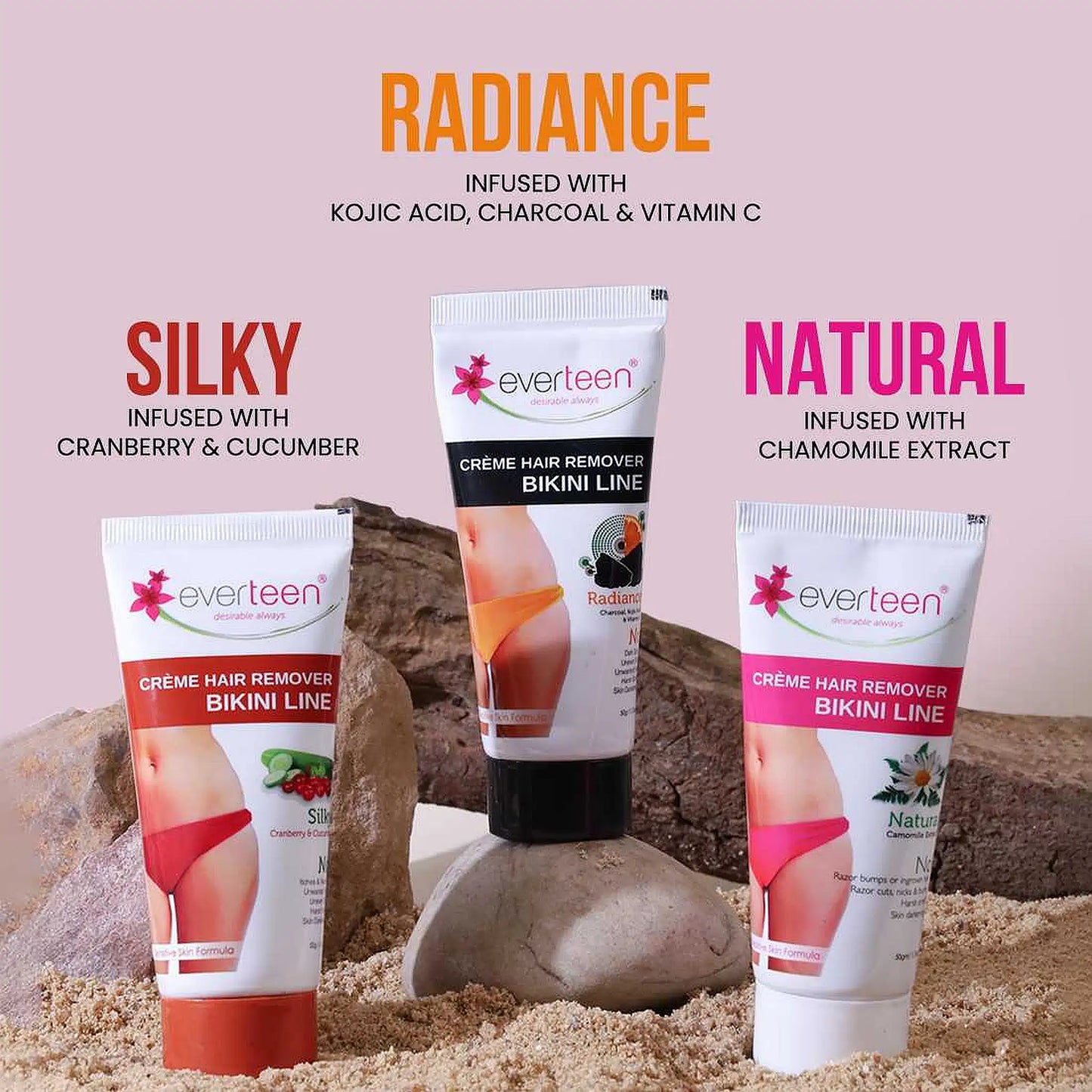 everteen Bikini Line Hair Remover Cream, Available in Three Variants - Silky, Radiance and Natural