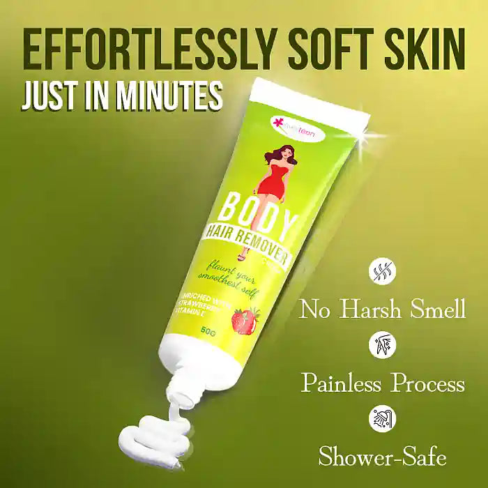 everteen Body Hair Remover Cream for Women is shower-safe with no harsh smell and gives you effortlessly soft skin in just 4-5 minutes - 50g