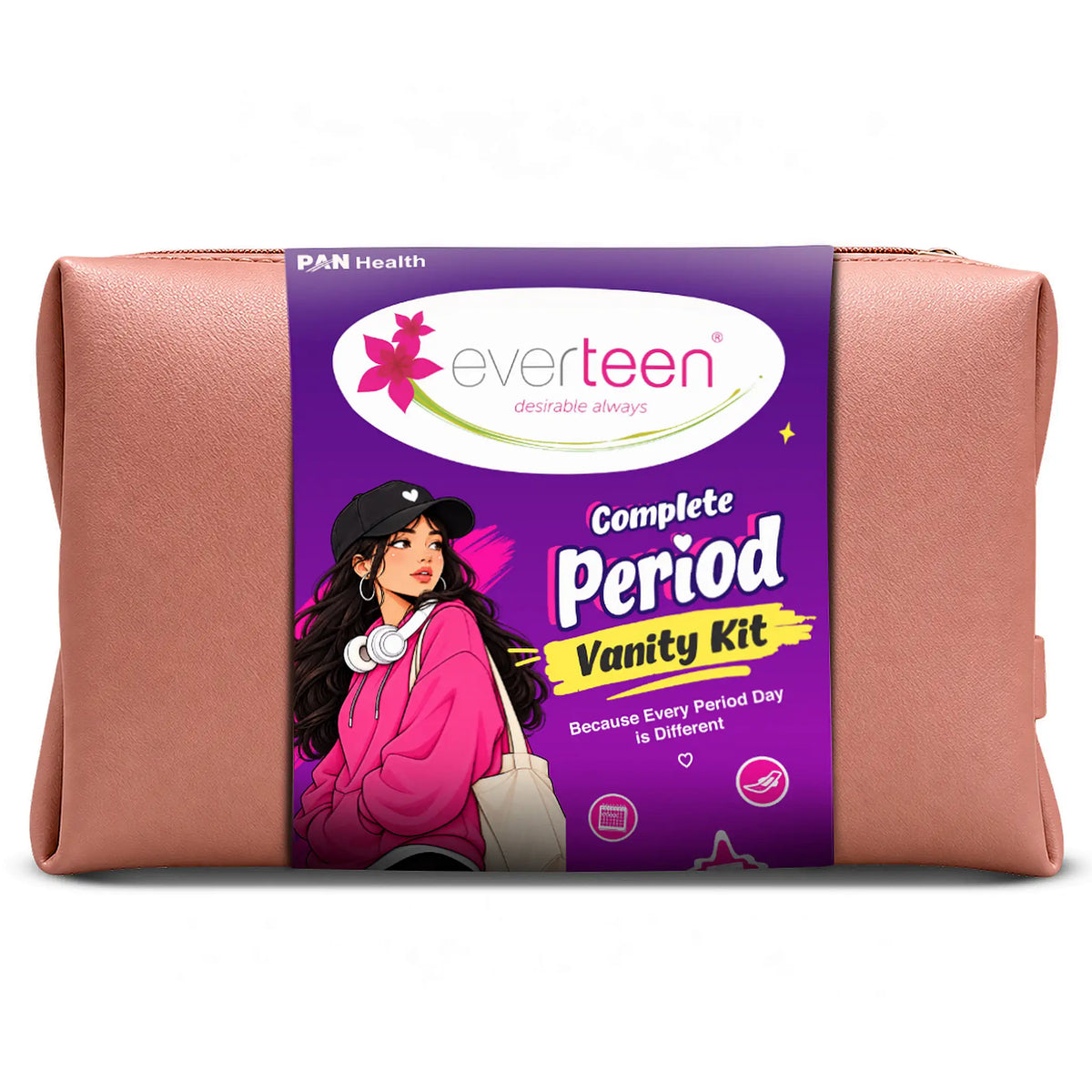 everteen Complete Period Vanity Kit – Pads, Panty Liners, Period Panty, Cramps Roll-On in Vegan Leather Vanity Bag