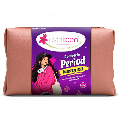 everteen Complete Period Vanity Kit – Pads, Panty Liners, Period Panty, Cramps Roll-On in Vegan Leather Vanity Bag