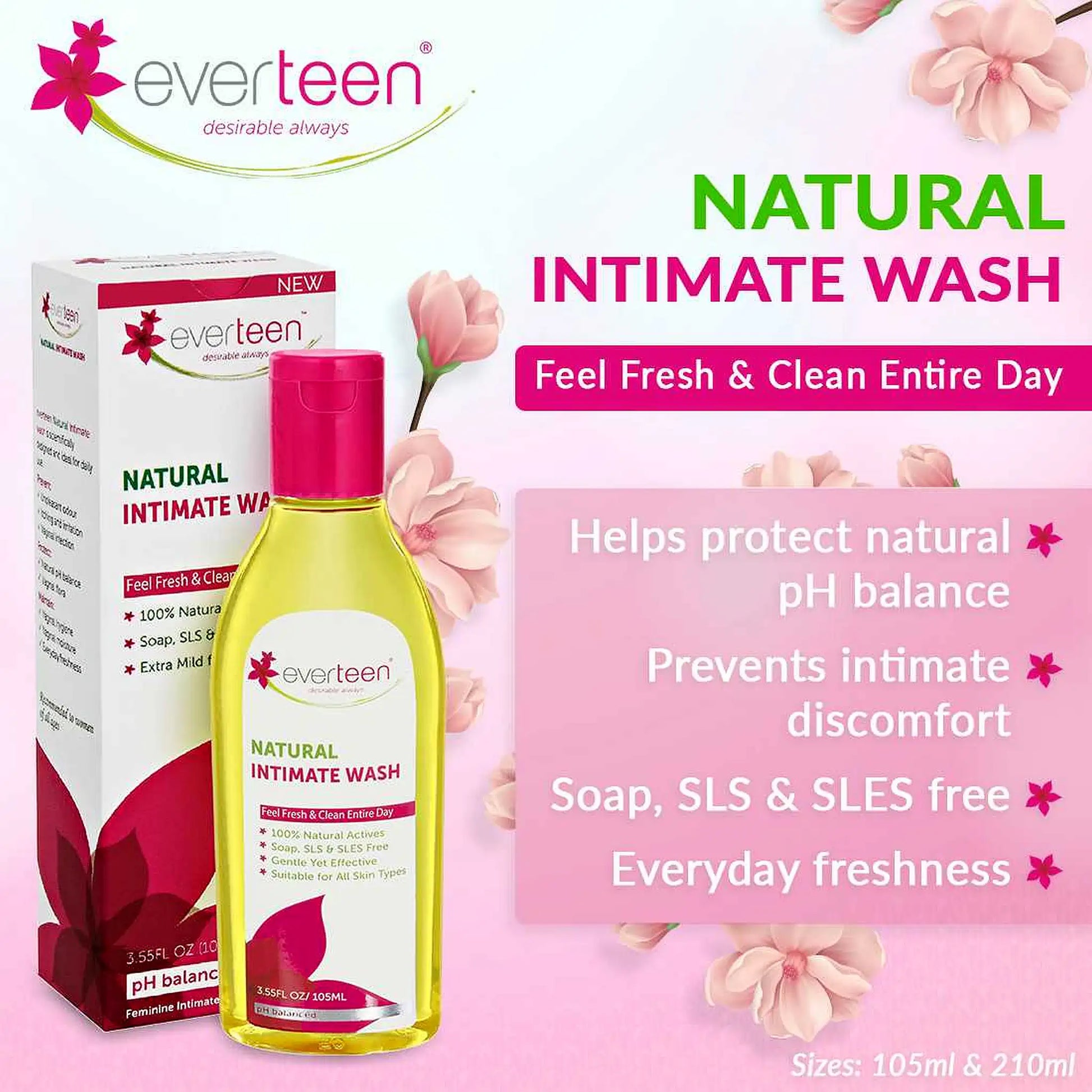 everteen Natural Intimate Wash for Feminine Hygiene in Women - Naturally pH Balanced and Free From Soap, SLS and SLES