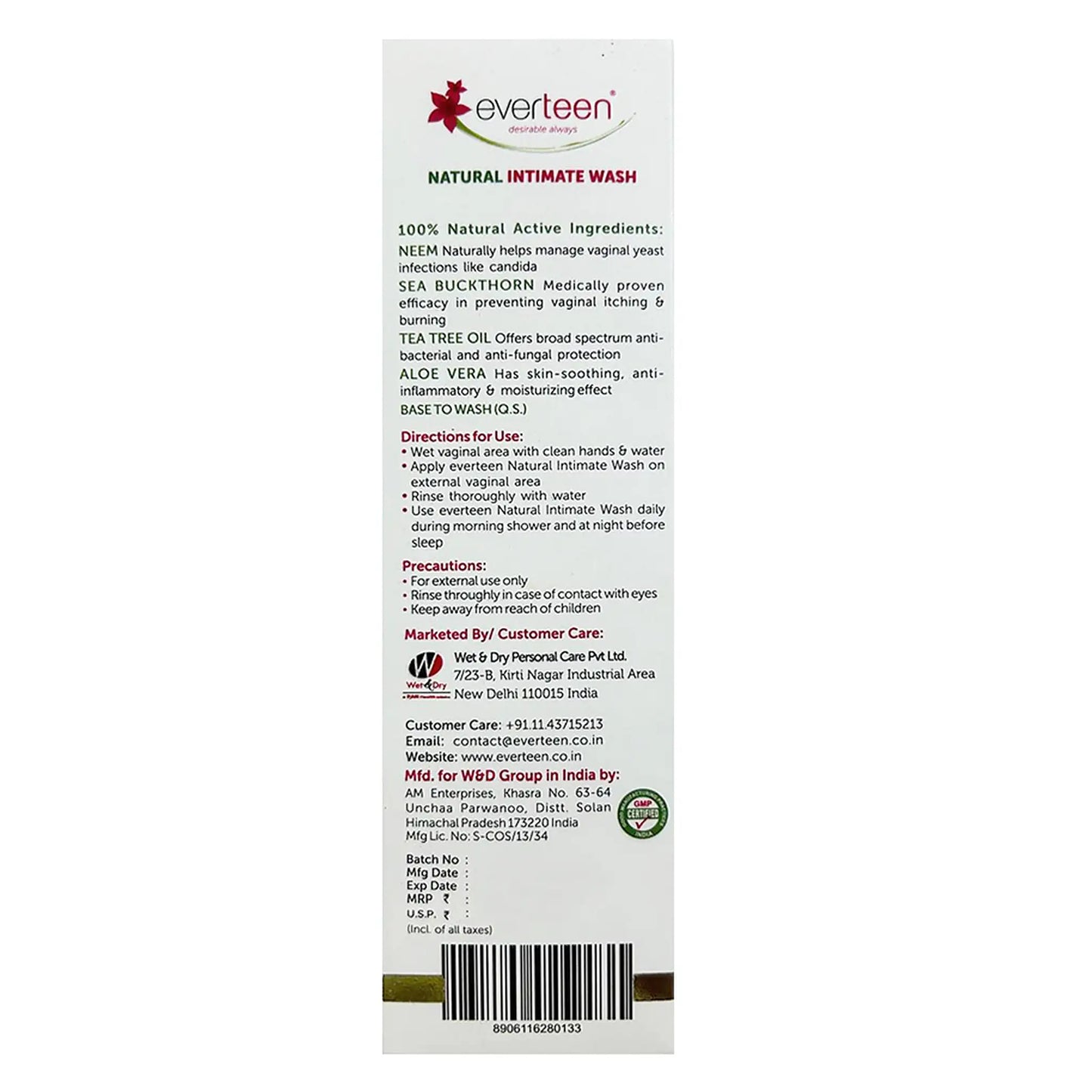 everteen Natural Intimate Wash 210ml - Shipped Worldwide From India