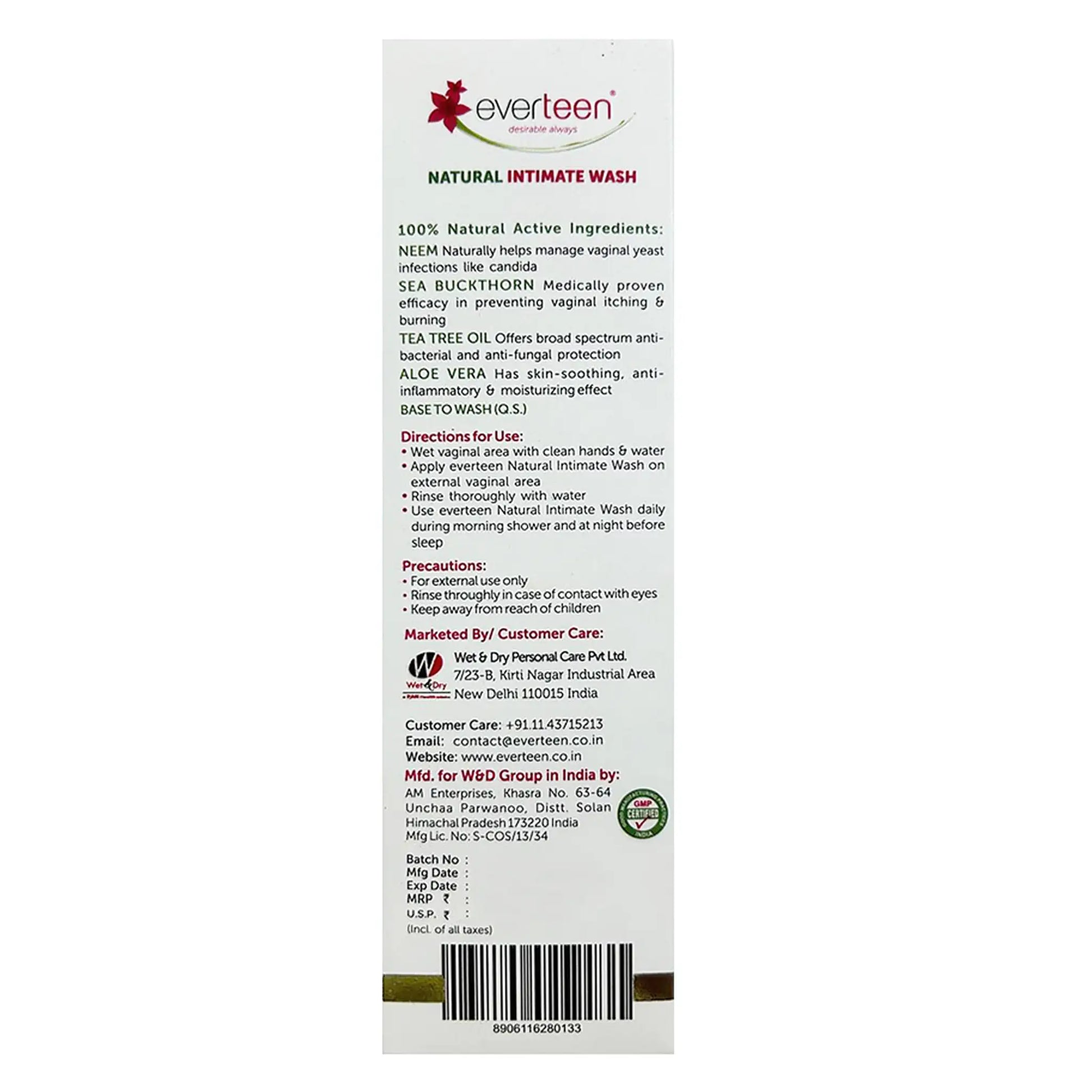 everteen Natural Intimate Wash 210ml - Shipped Worldwide From India