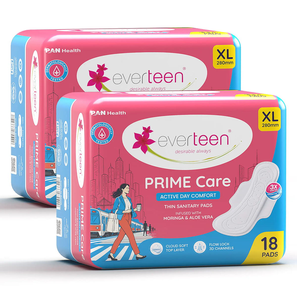 everteen PRIME Care XL Breathable Day Pads with Moringa & Aloe Vera, 18 Pads