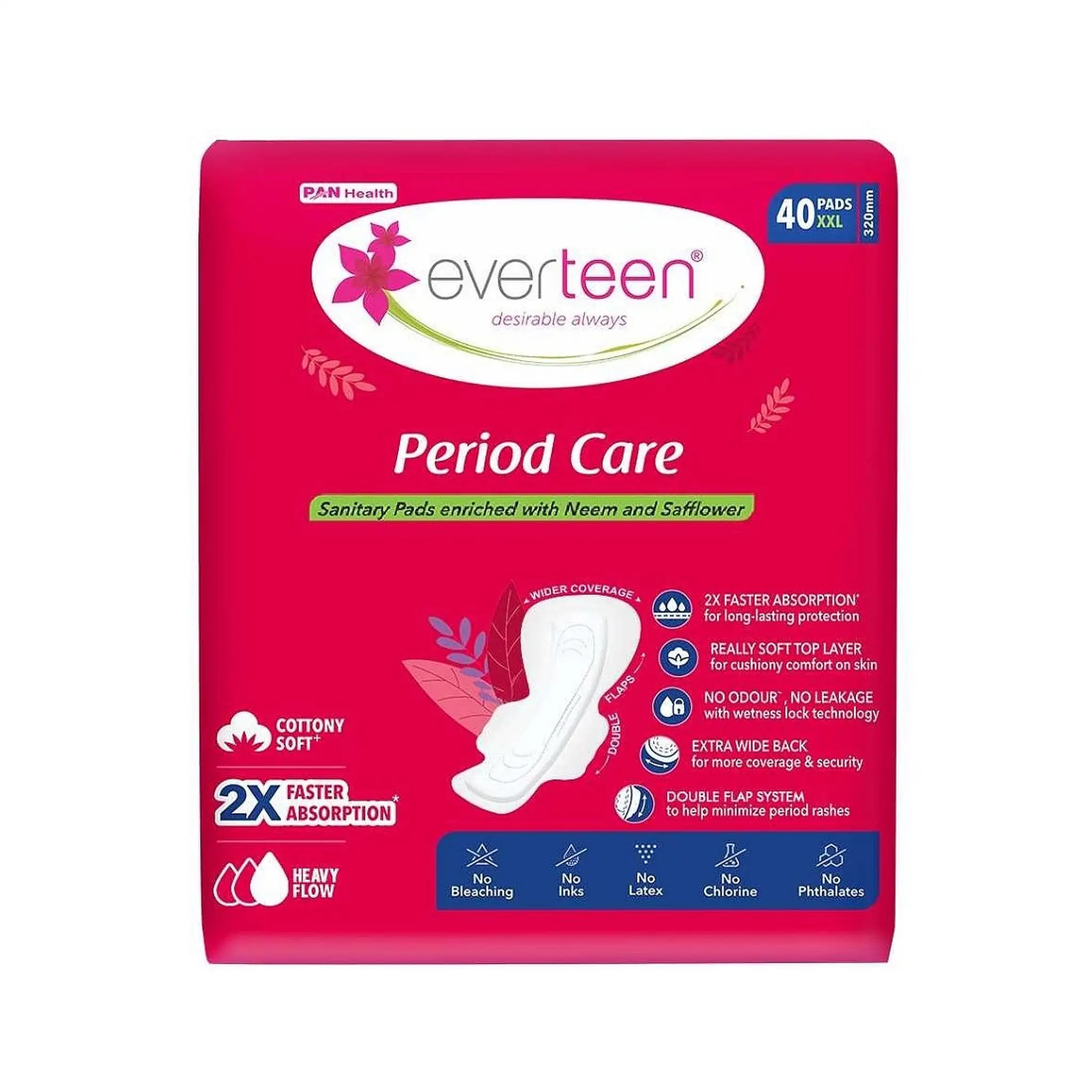 everteen Period Care Soft XXL Sanitary Pads – No Bleach, Ink, Latex, Chlorine or Phthalates, Double Flaps, for Heavy Flow