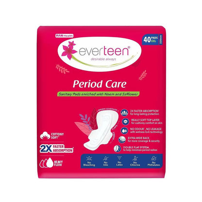 everteen Period Care Soft XXL Sanitary Pads – No Bleach, Ink, Latex, Chlorine or Phthalates, Double Flaps, for Heavy Flow