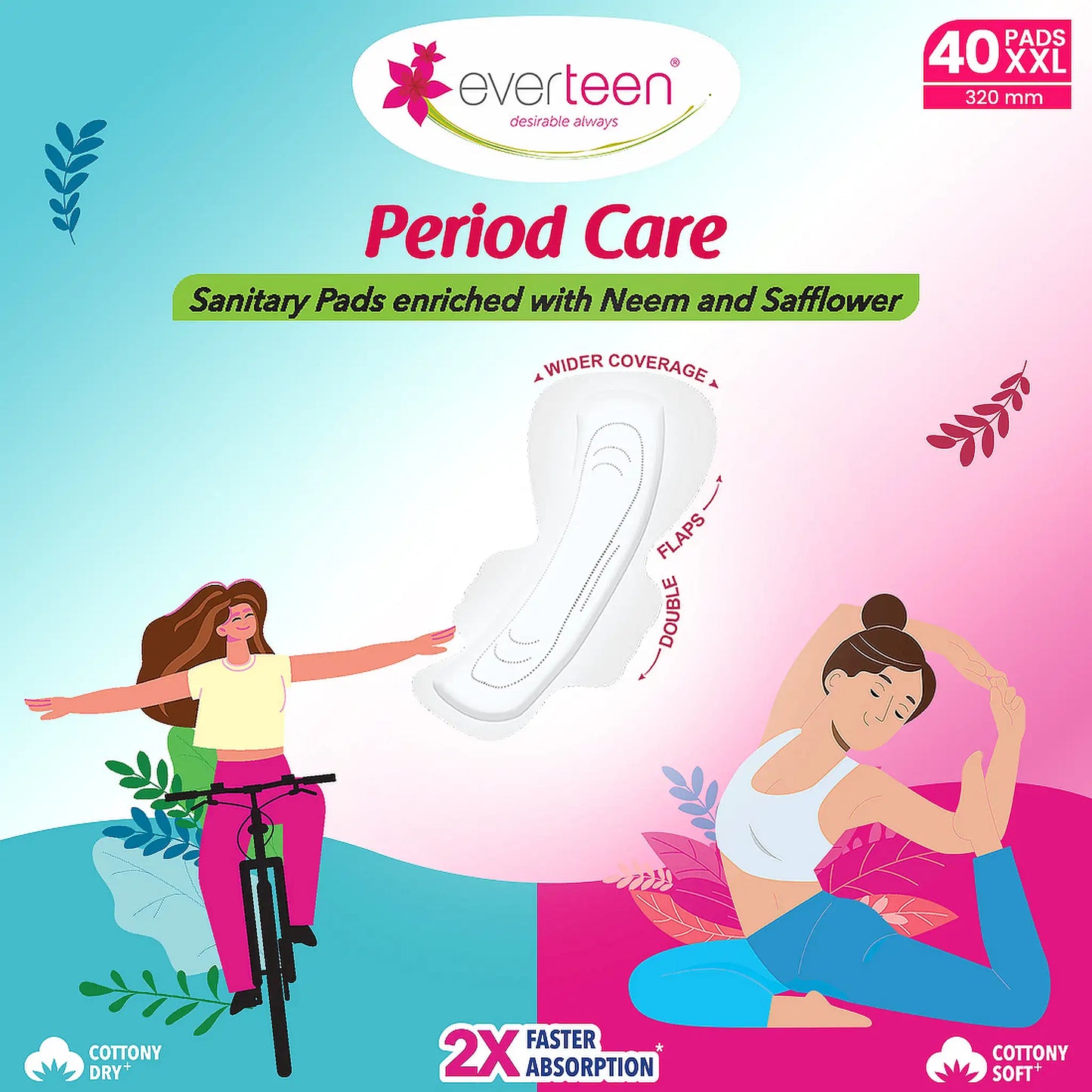 everteen XXL Period Care Sanitary Pads -  Enriched With Neem and Safflower, Double Flaps For Extra Protection