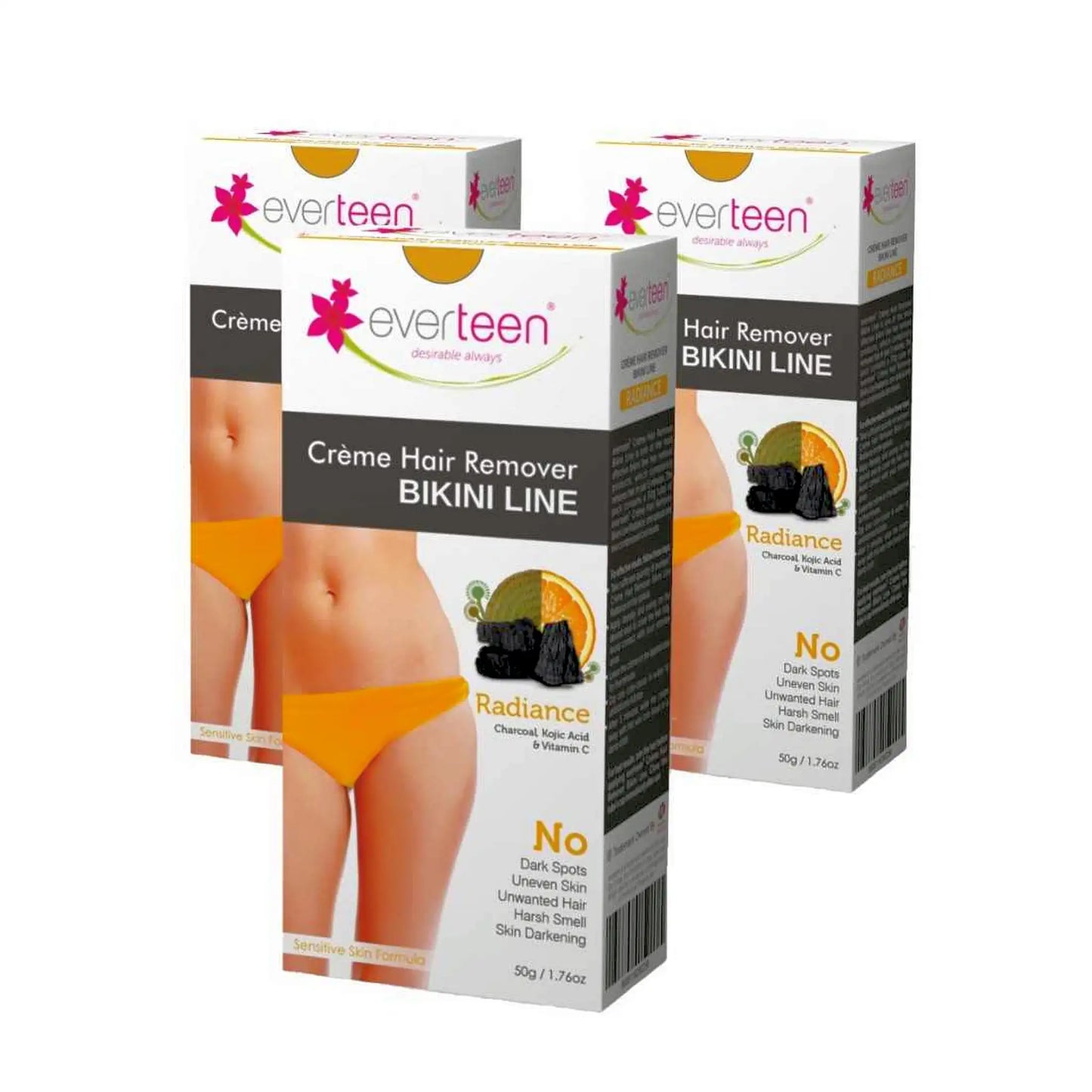 everteen Radiance Bikini Line Hair Remover Cream 3x50g – Charcoal, Vitamin C and Kojic Acid