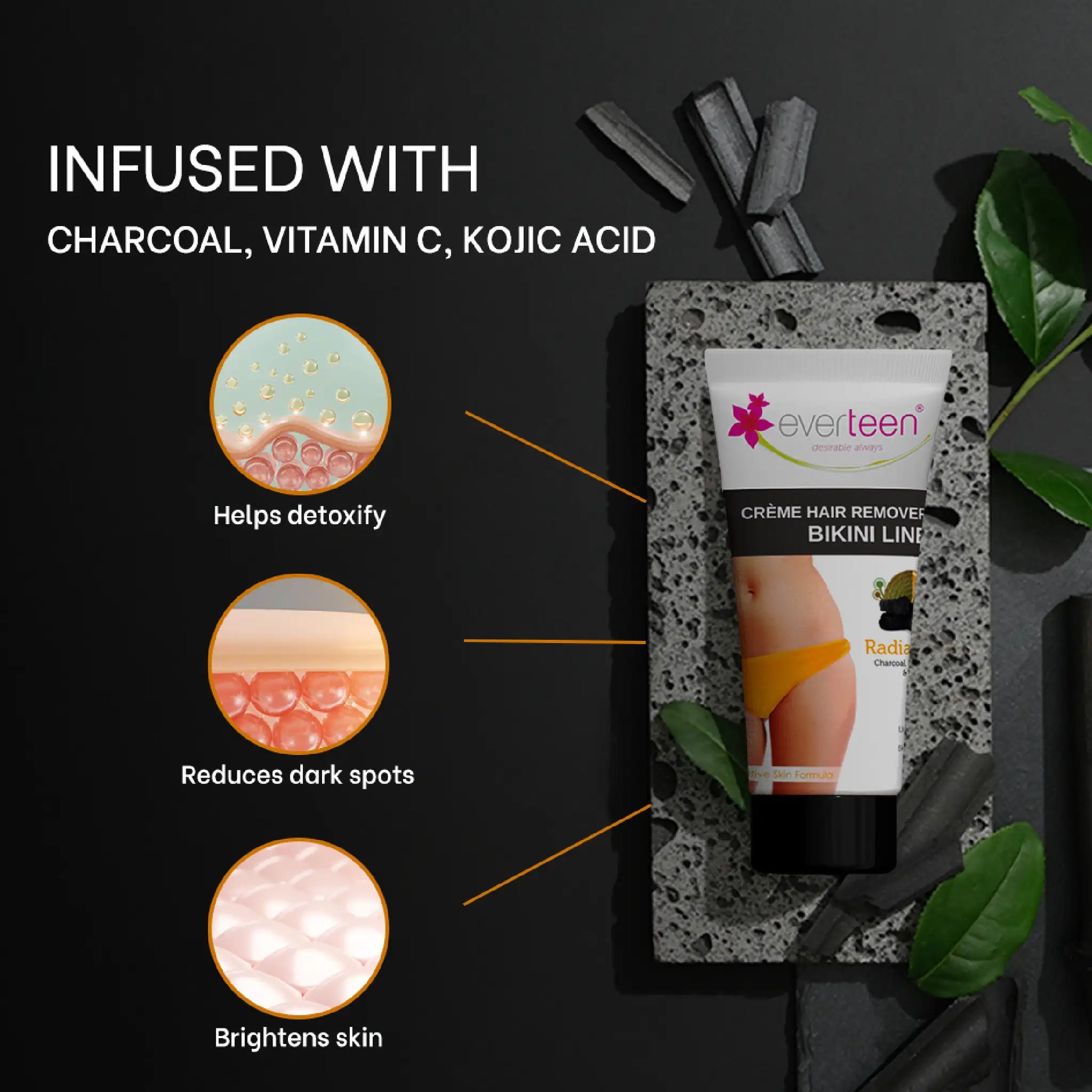 everteen Radiance Bikini Line Hair Remover Cream – Charcoal, Vitamin C and Kojic Acid for Brighter Skin
