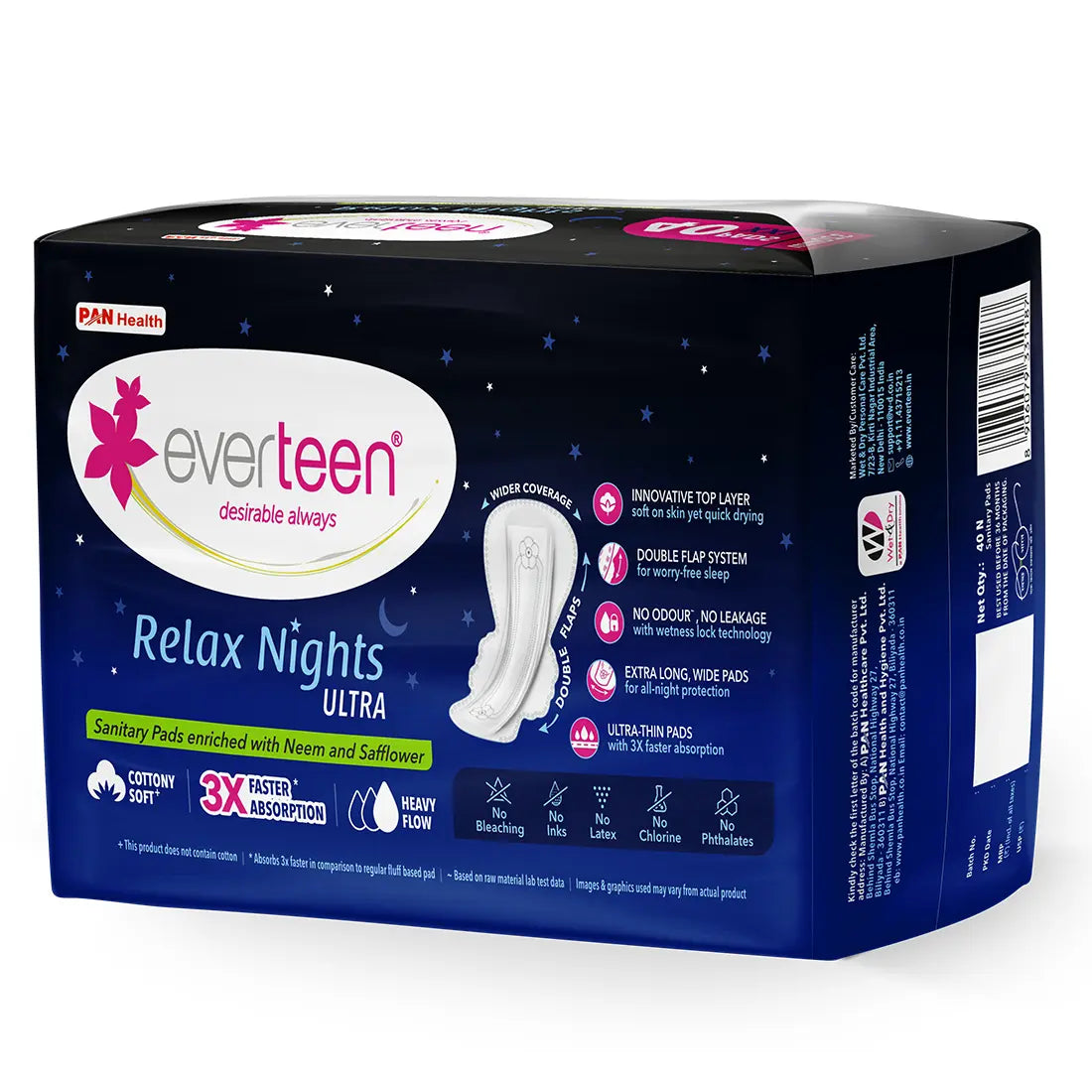 everteen XXL Relax Nights Ultra Thin 40 Sanitary Pads with Neem and Safflower, Menstrual Cramps Roll-On Inside Pack