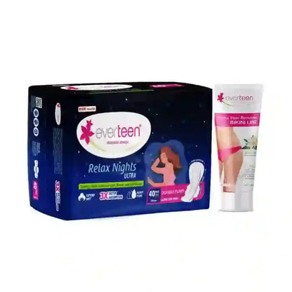 Buy everteen combo of Relax Nights Ultra 40 Sanitary Pads and Natural Bikini Line Hair Remover Cream 50g directly from company - everteen-neud.com