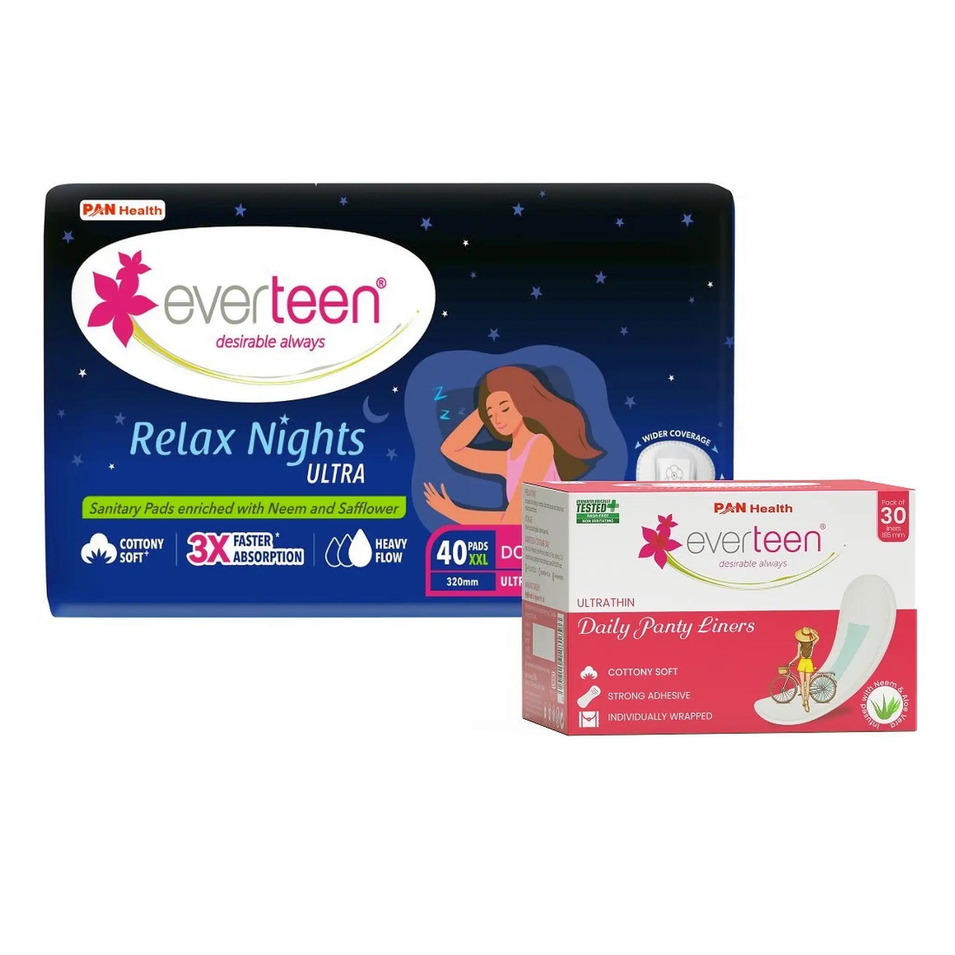 everteen Combo - 40 Relax Nights Ultra XXL Sanitary Pads and 30 Panty Liners