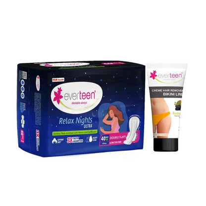everteen combo - 40 Relax Nights Ultra XXL Sanitary Pads and Radiance Bikini Line Hair Remover Cream 50g