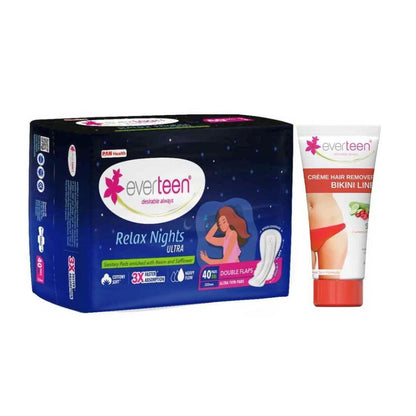 everteen Combo - Relax Nights Ultra 40 XXL Sanitary Pads and Silky Bikini Line Hair Remover Cream 50g