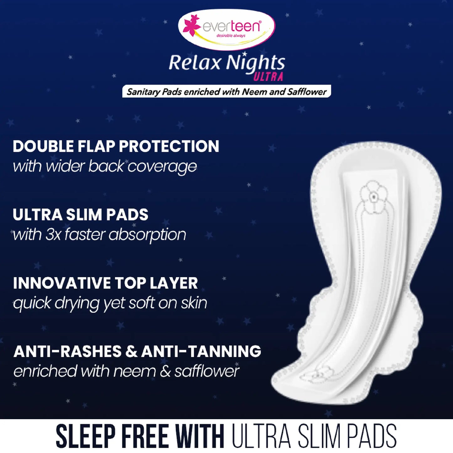 everteen XXL Relax Nights Ultra Sanitary Pads with Neem and Safflower - Double Flaps, 3X Faster Absorption, Innovative Hybrid Top Sheet and Anti-Tanning Properties