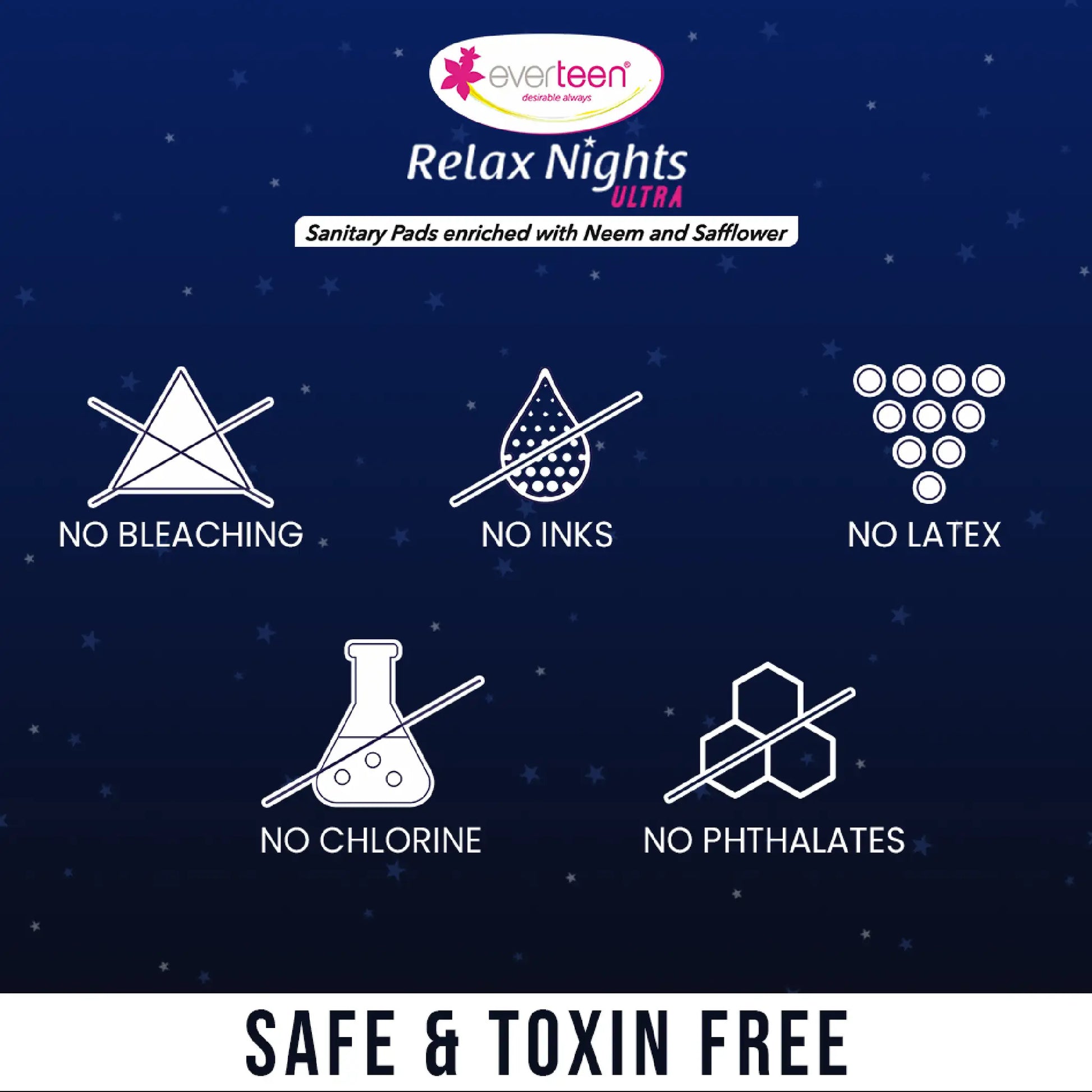 everteen XXL Relax Nights Ultra Sanitary Pads with Neem and Safflower - Skin Safe With No Bleach, Ink, Latex, Chlorine or Phthalates