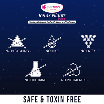 everteen XXL Relax Nights Ultra Sanitary Pads with Neem and Safflower - Skin Safe With No Bleach, Ink, Latex, Chlorine or Phthalates
