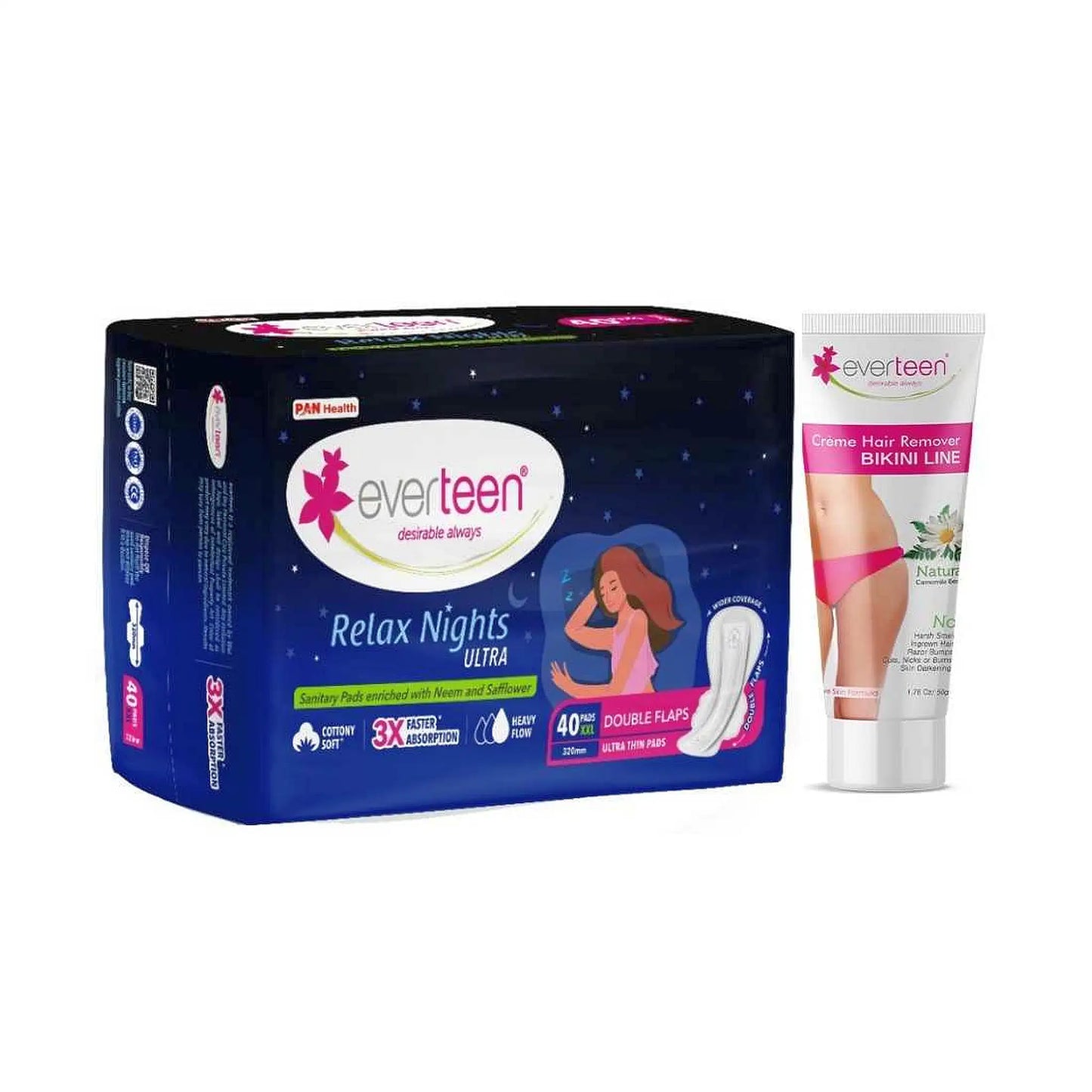 everteen combo - 40 Relax Nights Ultra XXL Sanitary Pads and Natural Bikini Line Hair Remover Cream 50g