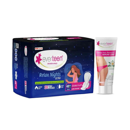 everteen combo - 40 Relax Nights Ultra XXL Sanitary Pads and Natural Bikini Line Hair Remover Cream 50g