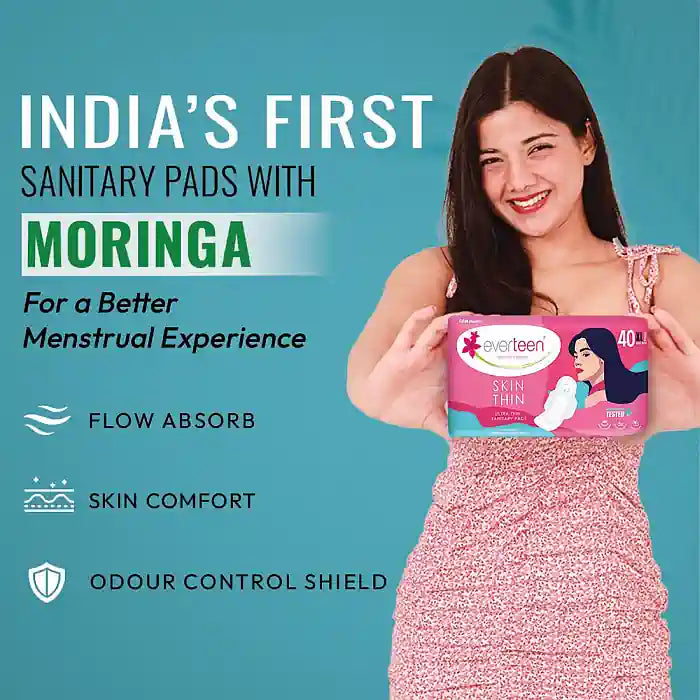 everteen SKIN THIN XL Sanitary Pads are India's first sanitary pads with moringa for extra skin comfort - everteen-neud.com