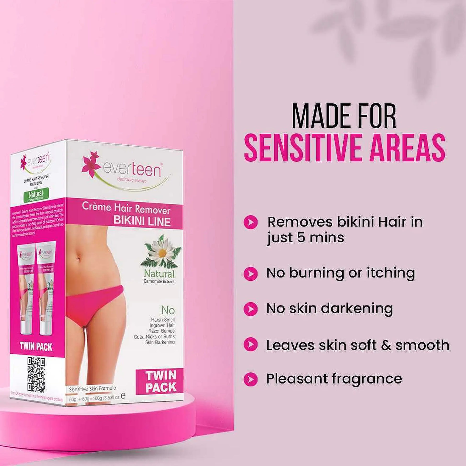everteen 50g+50g Natural Bikini Line Hair Remover Cream - Enriched With Chamomile For Even Skin Tone