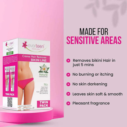 everteen 50g+50g Natural Bikini Line Hair Remover Cream - Enriched With Chamomile For Even Skin Tone