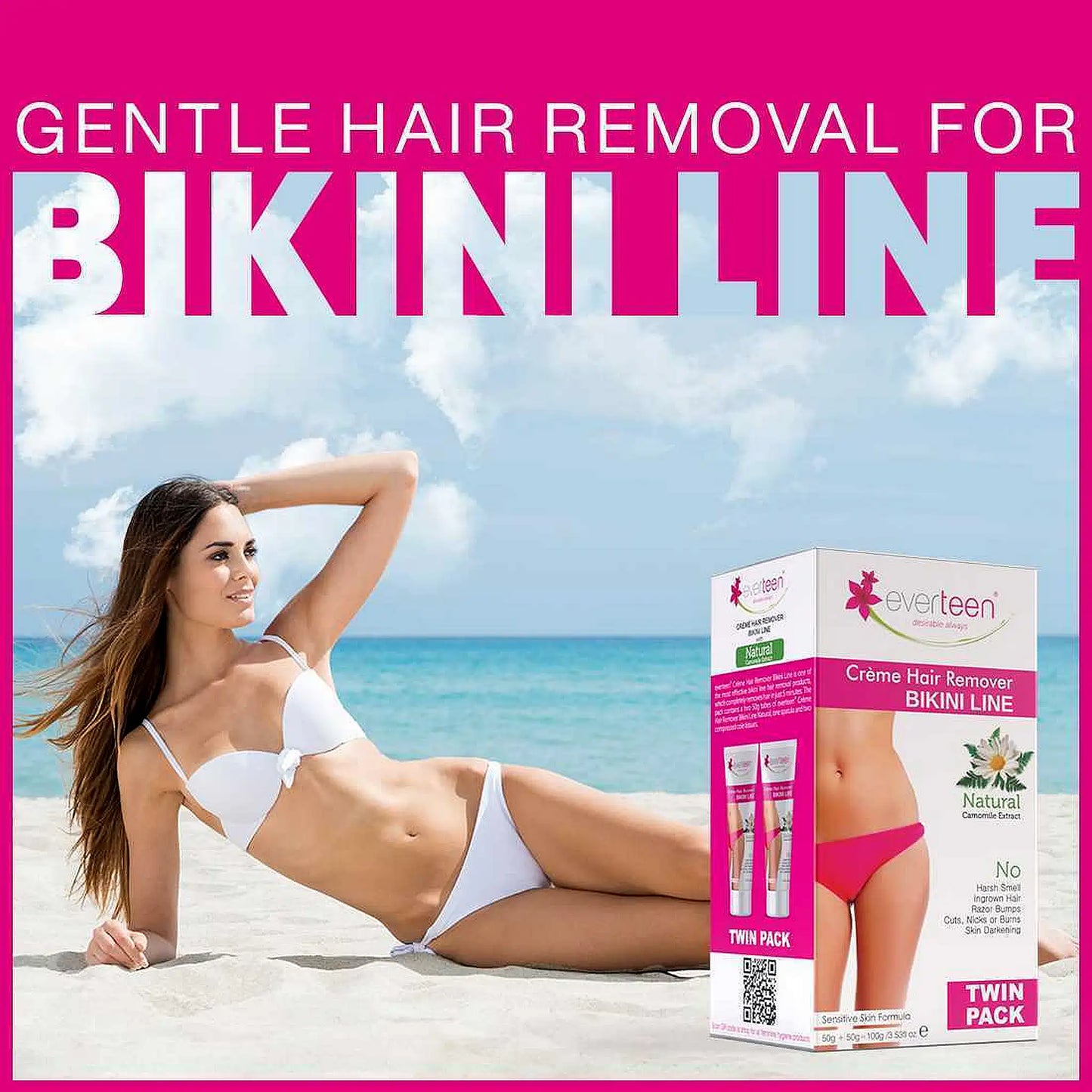 everteen 50g+50g Natural Bikini Line Hair Remover Cream for Women Twin Pack  - Removes Unwanted Hair In Just 5 Minutes