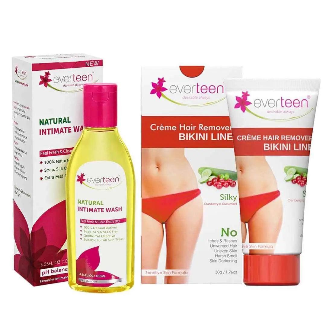 everteen Combo: Bikini Line Hair Removal Creme SILKY and Natural Intimate Wash for Women 9559682302526