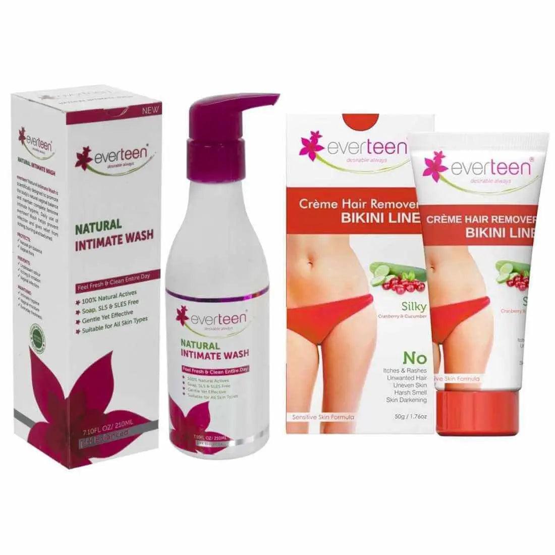 everteen Combo: Bikini Line Hair Removal Creme SILKY and Natural Intimate Wash for Women 9559682302694
