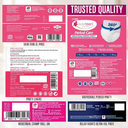 everteen Complete Period Vanity Kit – Pads, Panty Liners, Period Panty, Cramps Roll-On in Vegan Leather Vanity Bag