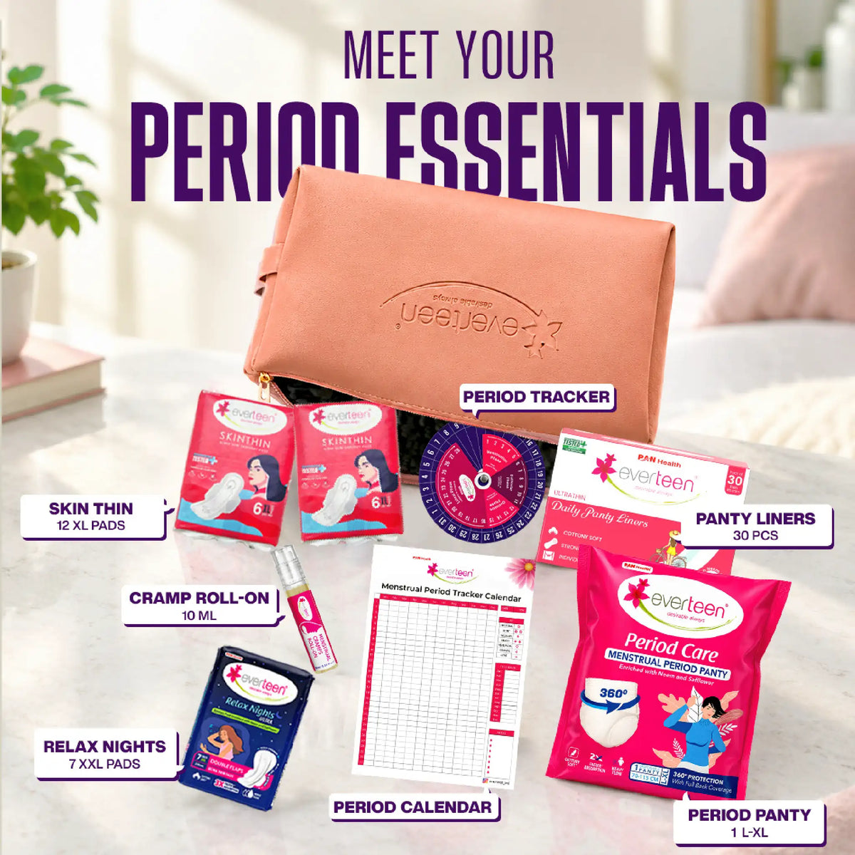 everteen Complete Period Vanity Kit – Pads, Panty Liners, Period Panty, Cramps Roll-On in Vegan Leather Vanity Bag