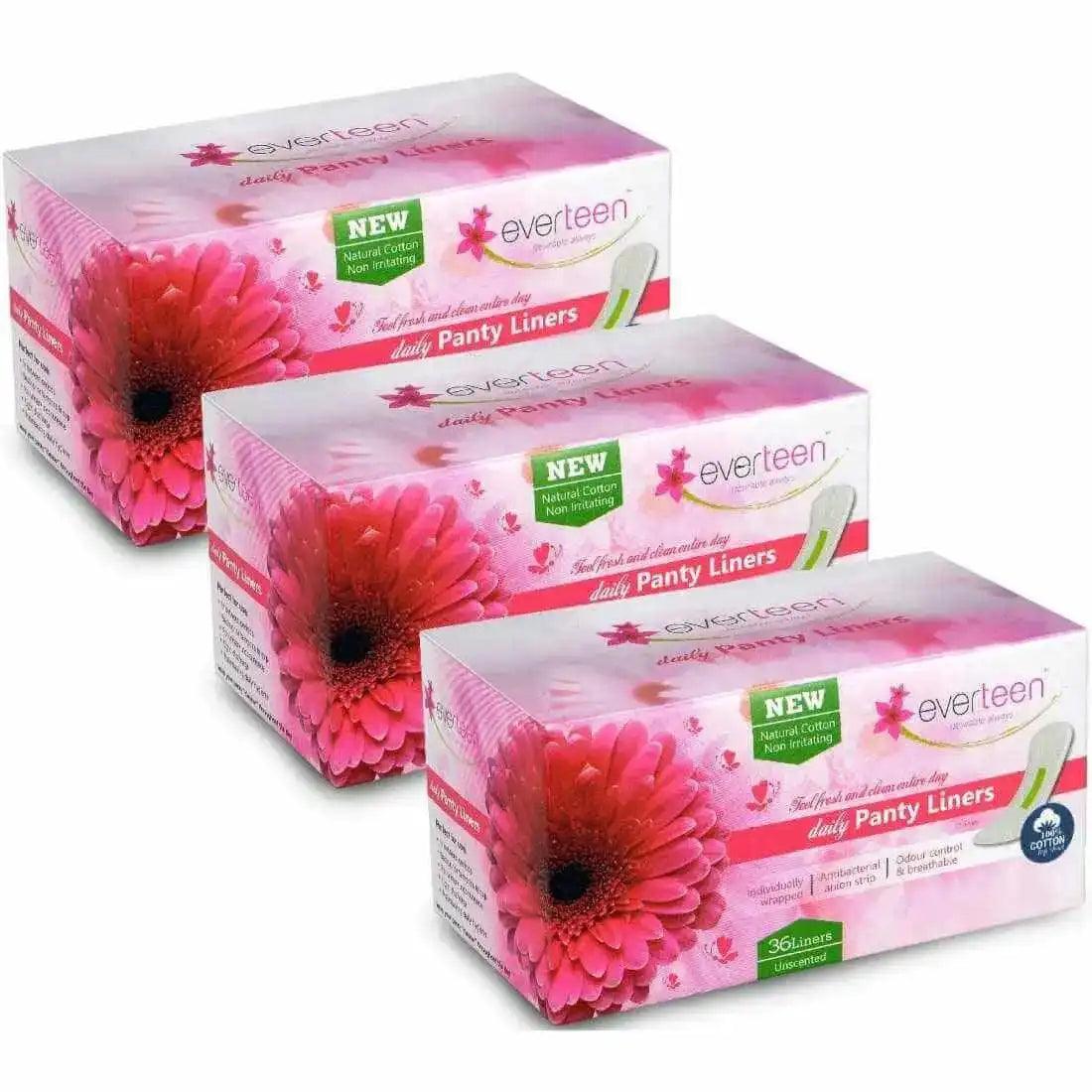 Buy 3 Packs of 36 everteen Daily Panty Liners for Vaginal Discharge and Urinary Incontinence in Women - everteen-neud.com