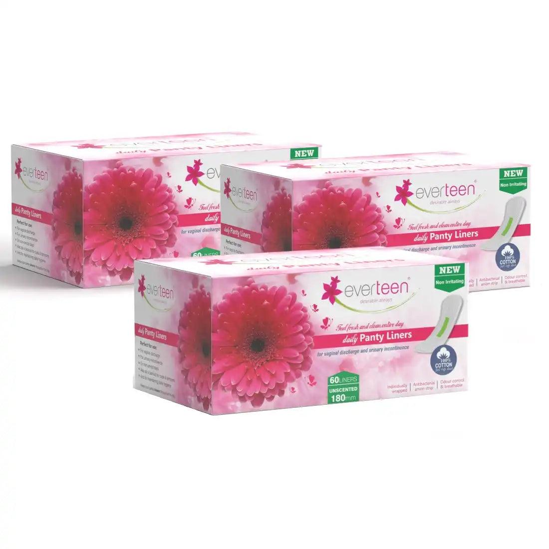 Buy 3 Packs of 60 everteen Daily Panty Liners for Vaginal Discharge and Urinary Incontinence in Women - everteen-neud.com